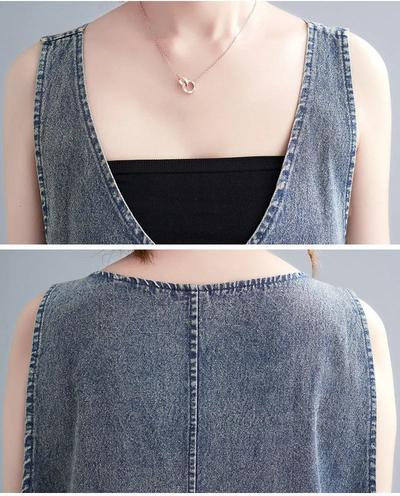 Literary Washed V-neck Sleeveless Denim Dress