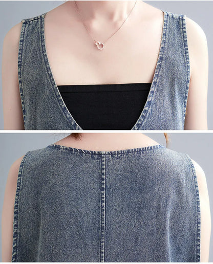 Literary Washed V-neck Sleeveless Denim Dress