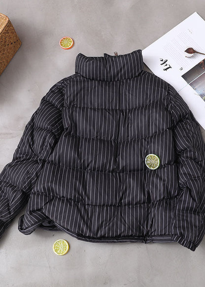 Diy Black Striped Zippered Button Winter Duck Down Coats