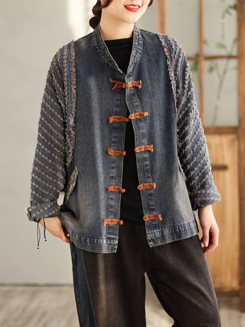 Spring Patchwork Frog Burrs Denim Coat