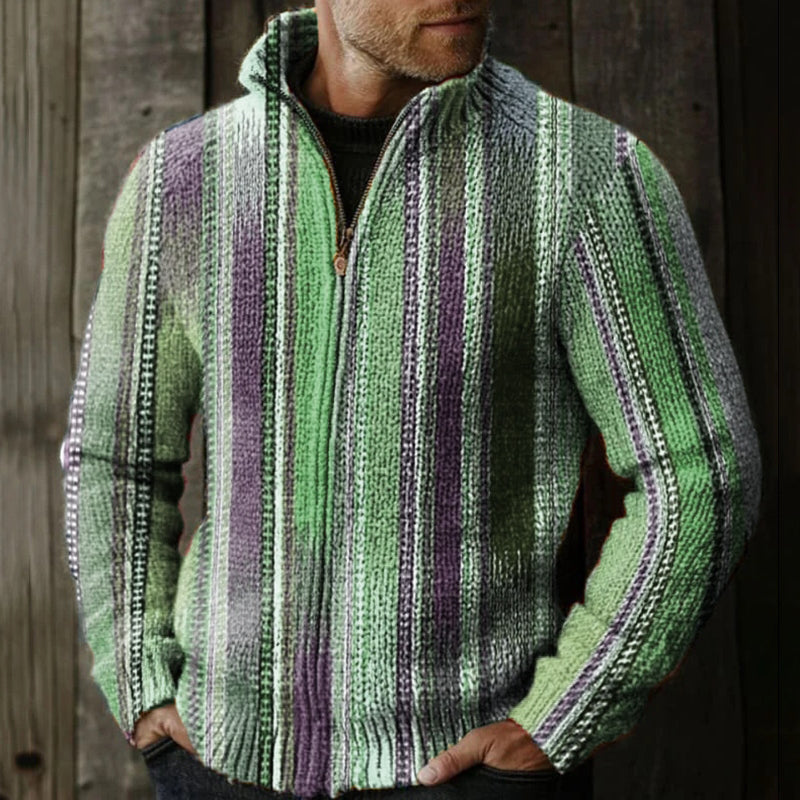 Men's Retro Colorful Striped Pattern Knitted Zip Sweater elevenforest