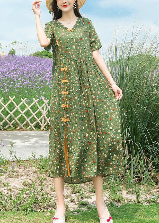 Green Stand Collar Chinese Button Print Linen Dress Summer