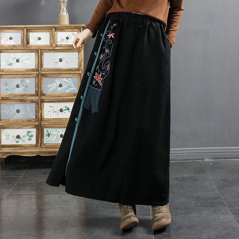 Autumn Retro Embroidery Linen A-line Skirt