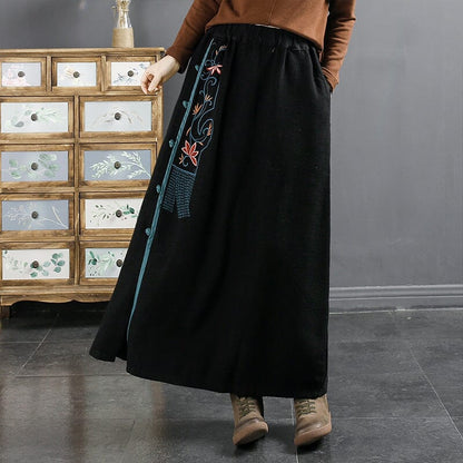 Autumn Retro Embroidery Linen A-line Skirt