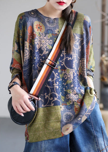 French Blue O-neck Print Loose Fall Sweater