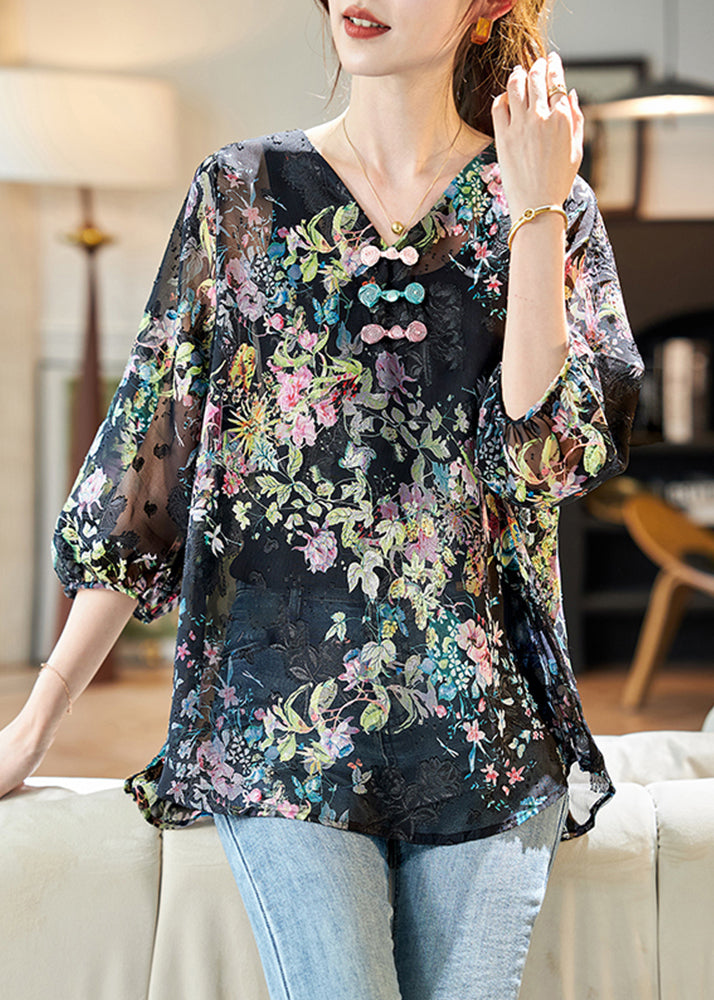 Pink V Neckprint Chiffon Shirt Bracelet Sleeve