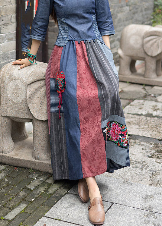 Novelty Navy Blue Print Patchwork Embroideried Tassel High Waist Maxi Skirts