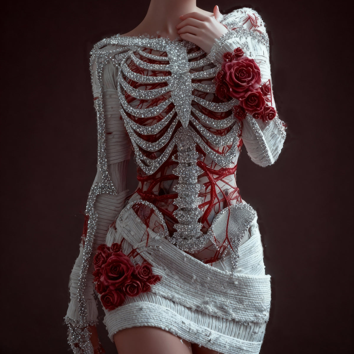 Women's Skeleton Red Rose Art Knit Mini Sweater Dress artswardrobe