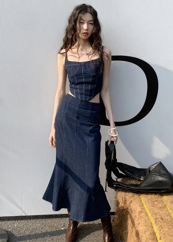 Navy Slim Fit Patchwork Denim Tops and Skirts Two Pieces Set Summer