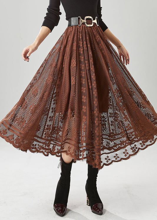 Coffee Hollow Out Exra Large Hem Lace Skirts Fall