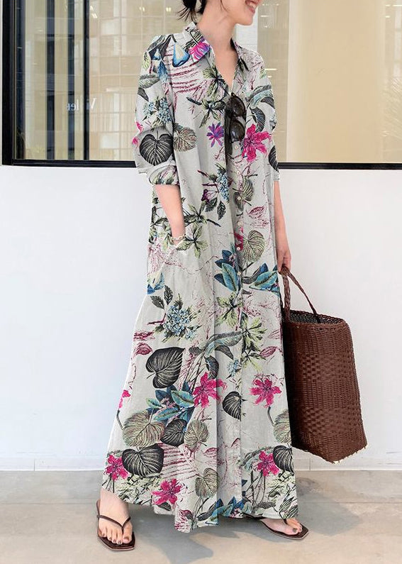Beige Oversized Print Cotton Shirt Ankle Dress Spring