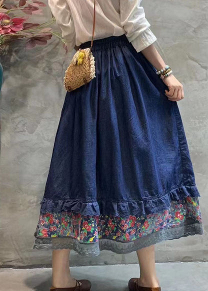 Dark Blue Elastic Waist Lace Patchwork Skirt Spring