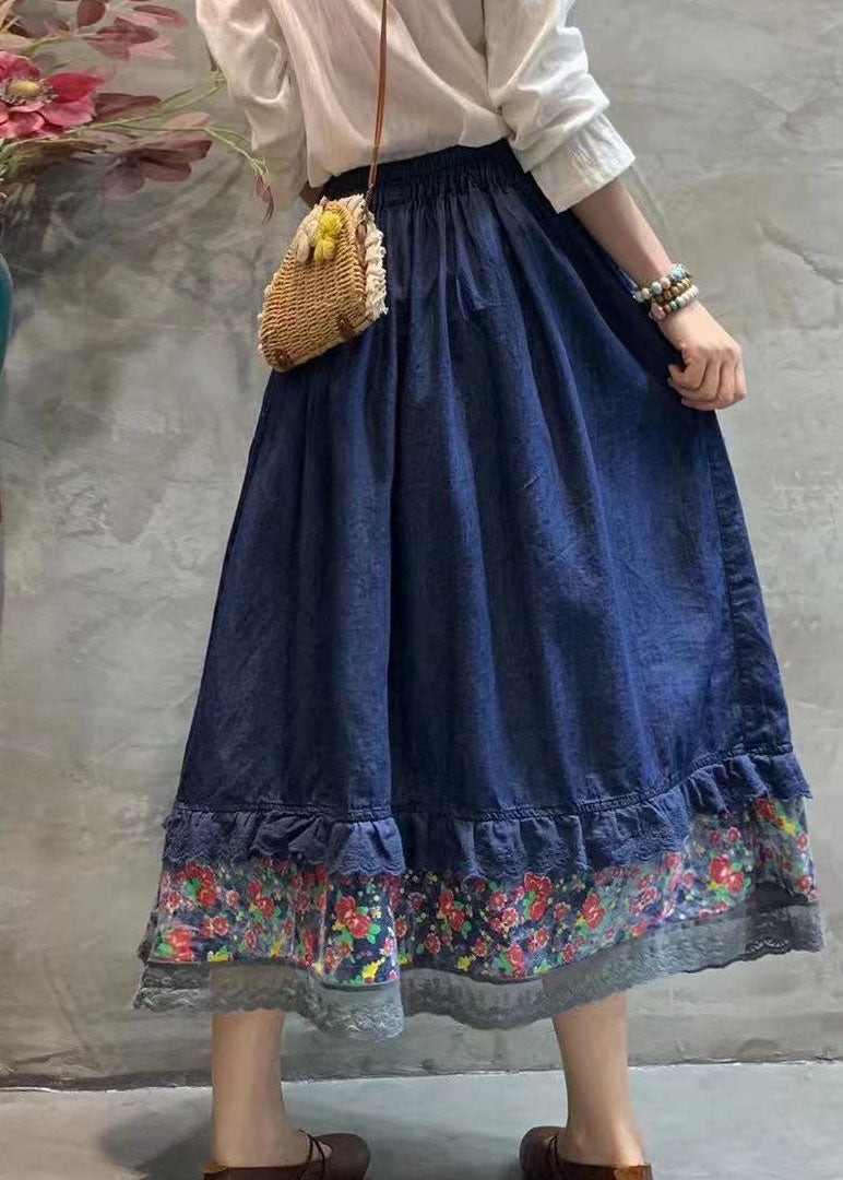 Dark Blue Elastic Waist Lace Patchwork Skirt Spring