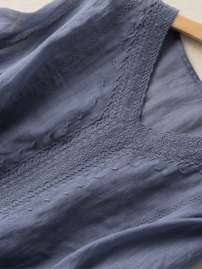 Color V Neck Short Sleeve Linen Top