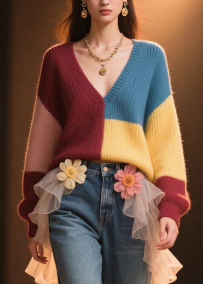 Colorblock V Neck Loose Knit Sweater Fall