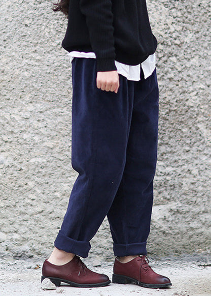 Navy Blue Elastic Waist Corduroy Harem Pants Spring