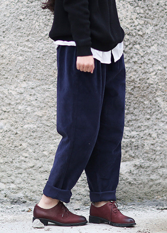 Navy Blue Elastic Waist Corduroy Harem Pants Spring