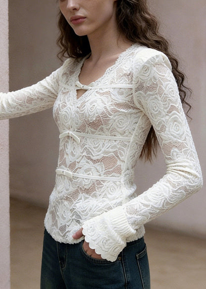 Slim Fit White V Neck Bow Lace T Shirt Spring