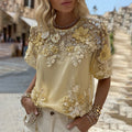 Women's Bohemian Yellow Roses And Floral Embroidery Art Linen Blend T-shirt elevenforest