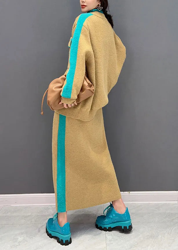 Modern Yellow Zippered Patchwork Thick Knit Cardigan and Skirt Two Pieces Set Winter