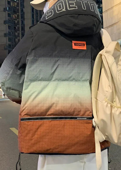 Unique Orange Gradient Color Hooded Pockets Duck Down Down Coats Winter