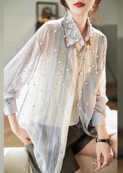 Blue Peter Pan Collar Nail Bead Zircon Shirt Spring