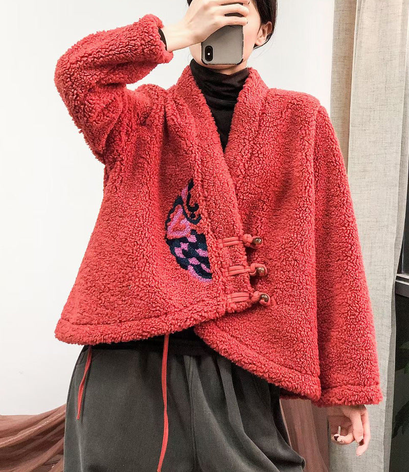 Embroidered V-neck Sherpa Wool Jacket