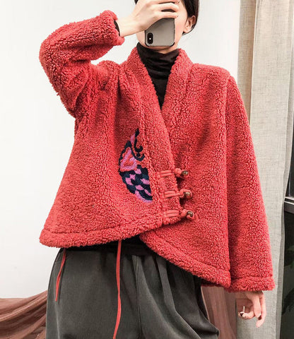 Embroidered V-neck Sherpa Wool Jacket