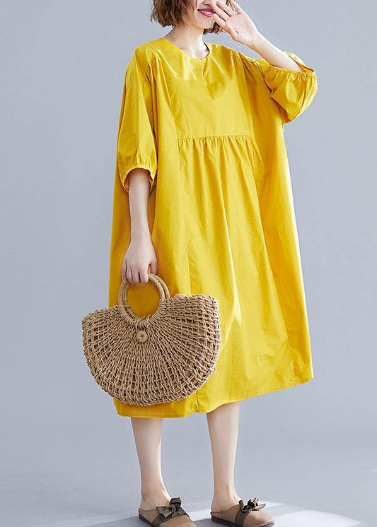 Loose Yellow O Neck Cotton Tunics Cinched Maxi Summer Dresses