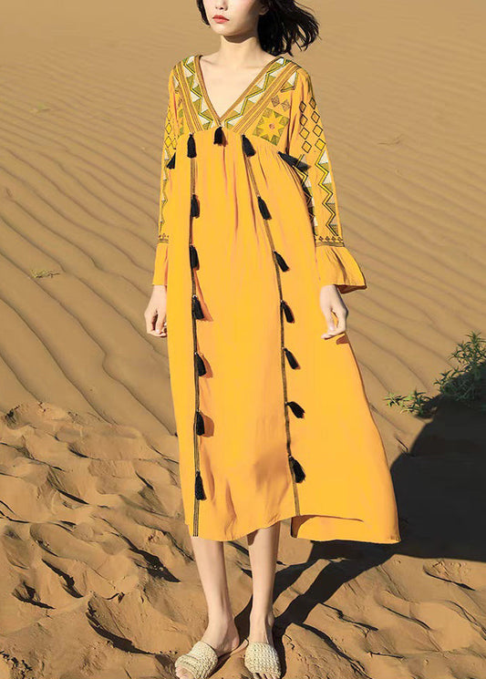 Yellow Embroidered Tasseled Patchwork Cotton Dress Fall