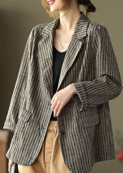 Light Button Pockets V Neck Striped Coats Long Sleeve
