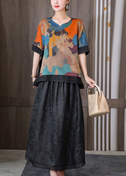 Retro Blue Print V Neck Patchwork Silk Tops and Skirts Two Pieces Set Summer