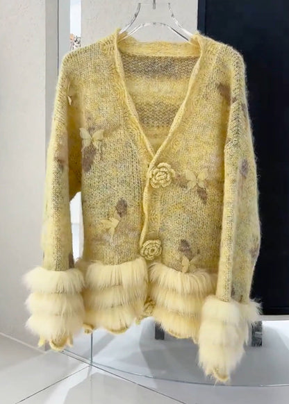 Yellow Fur Cotton Knit Cardigans Fall