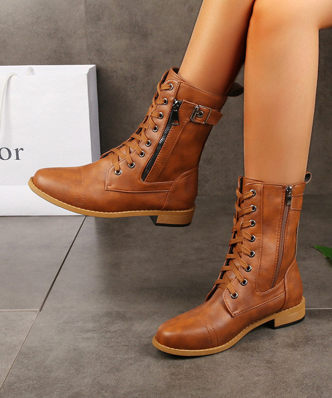 Brown Cross Strap Zippered Splicing Chunky Boots