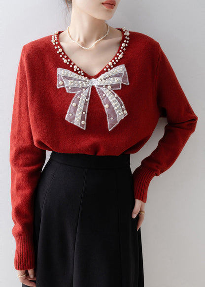 Red Bow Nail Bead Knit Sweaters Winter