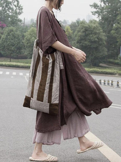 Loose V Neck Patchwork Cotton Linen Clothes for Tutorials Chocolate Dresses