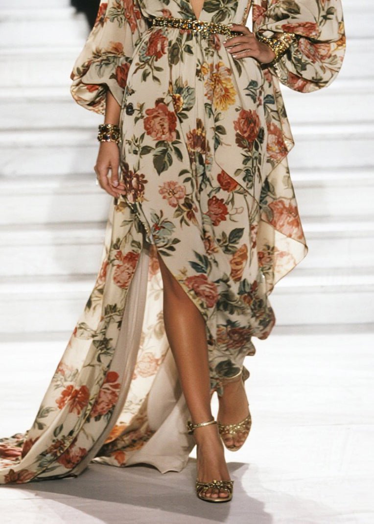 Apricot Print Exra Large Hem Chiffon Beach Dress Spring