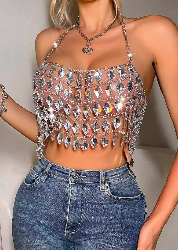 Handmade Hollow Gemstone Hanging Neck and Backless Tops Summer