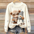 Comstylish Lazy Highland Cow And Snowman Art Plush Pattern Christmas Sweater