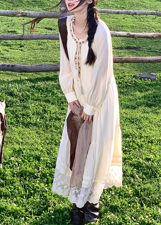 Beige Lace Patchwork Cotton Long Dress Spring