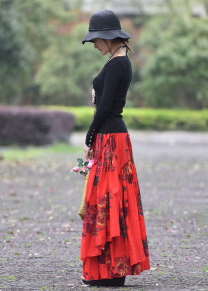 Red Wrinkled Asymmetrical Print Lace Up Cotton Maxi Skirt Spring