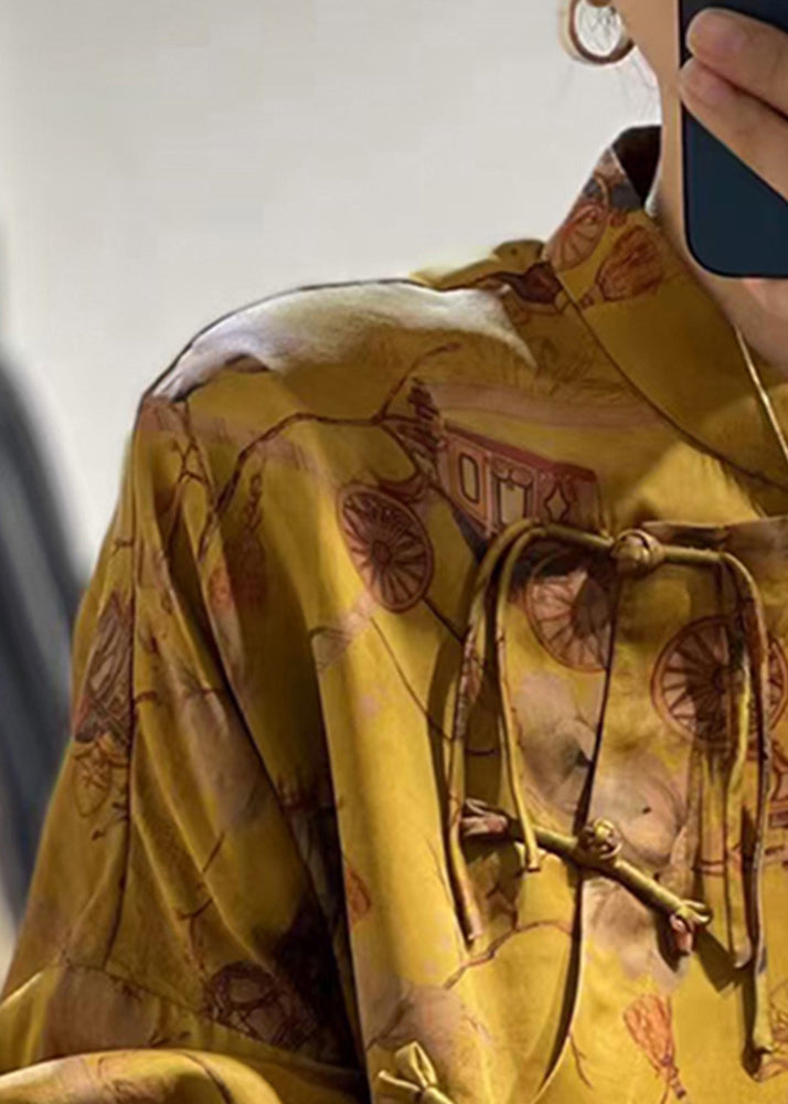 Yellow Button Print Silk Shirt Fall