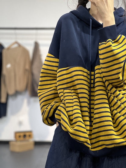 Contrast Stripe Fleece Drawstring Hooded Sweatshirt
