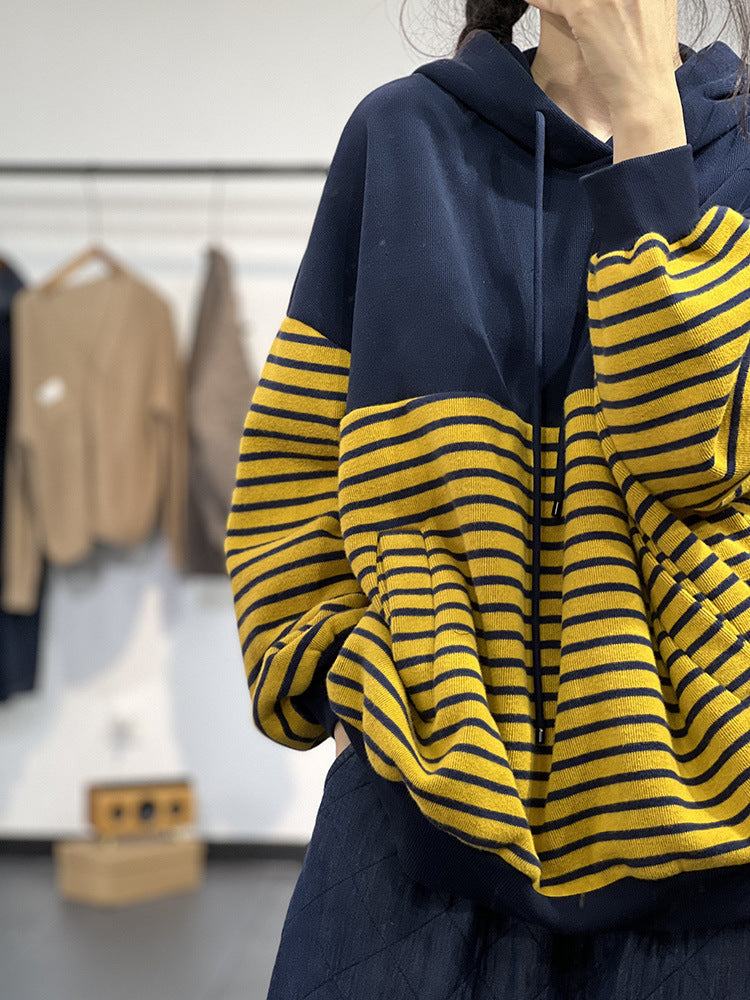 Contrast Stripe Fleece Drawstring Hooded Sweatshirt