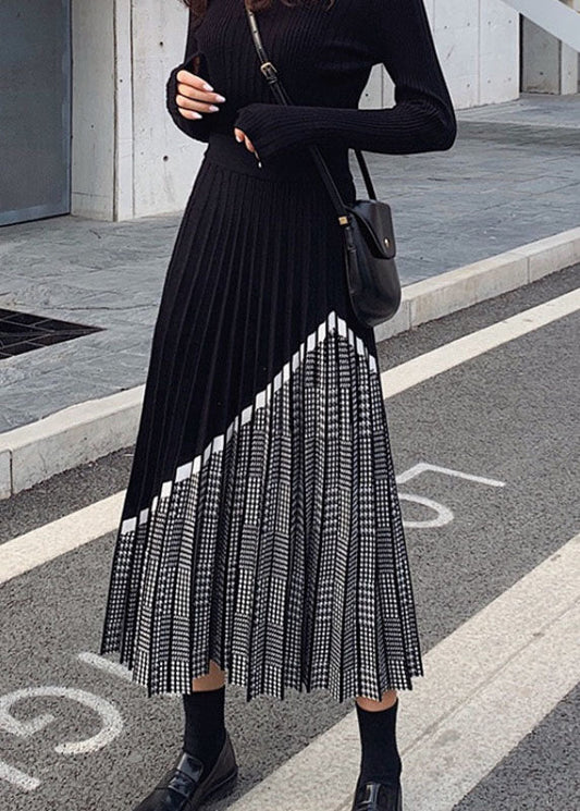 Black Patchwork Plaid Knit Skirts Winter