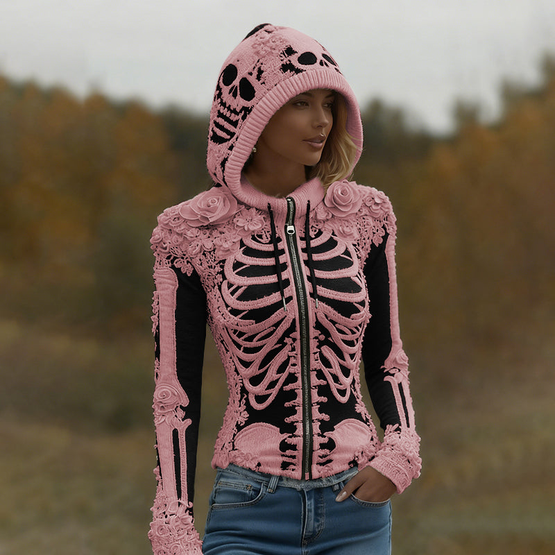 Women's Halloween Skeleton Bones With Roses Art Knitted Warm Zipper Hooded Sweater artswardrobe
