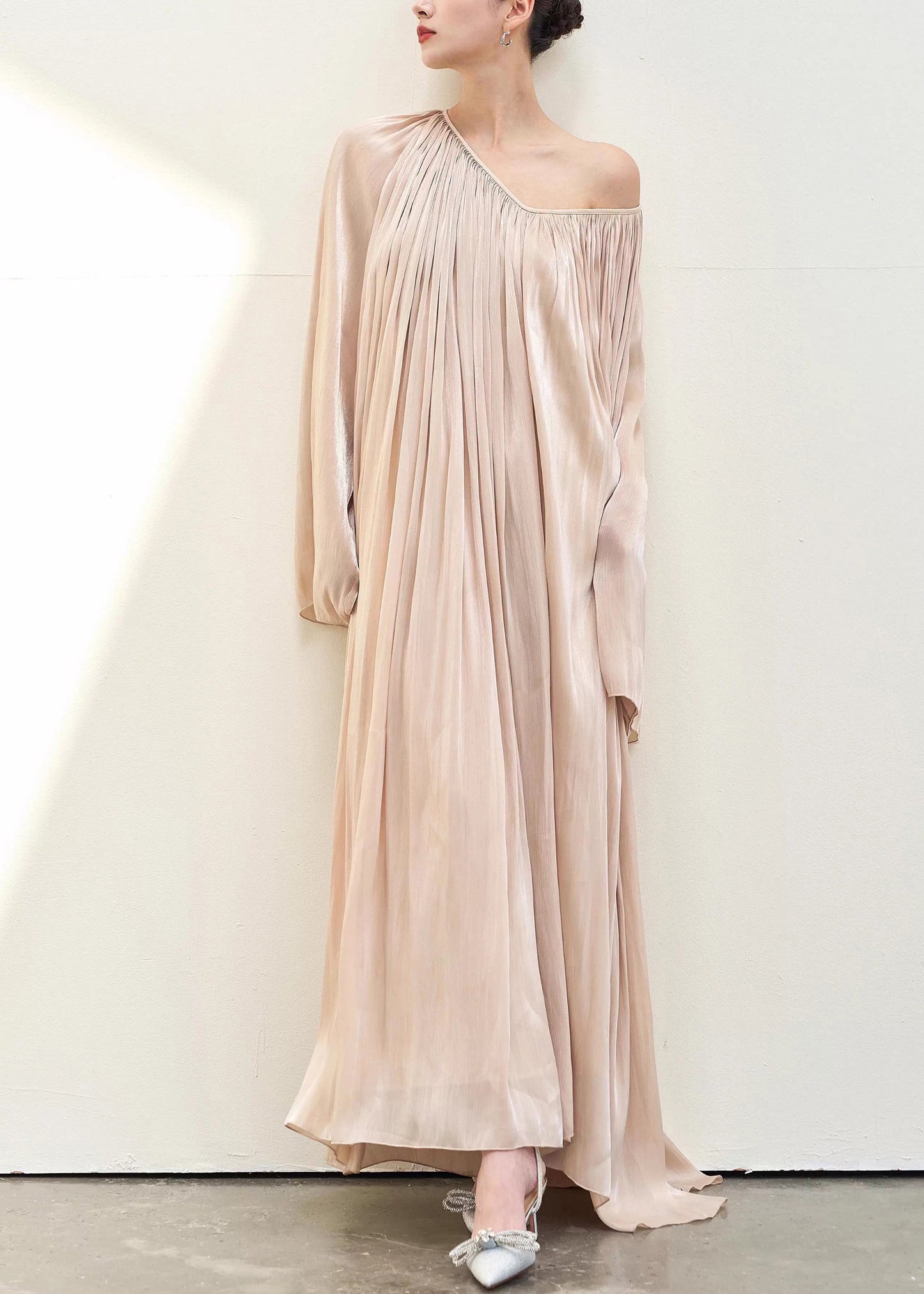 Pink V Neck Wrinkled Silk Maxi Dresses Fall