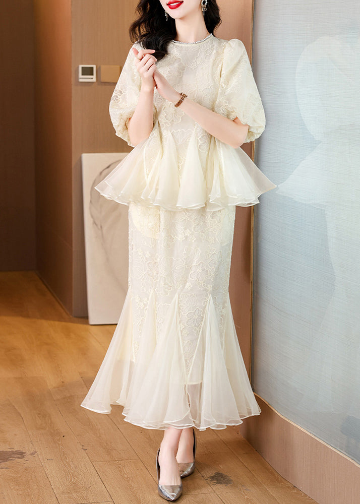 Beige Embroidered Tops and Fishtail Skirt Silk Two Pieces Set Summer
