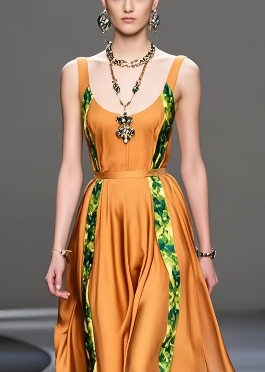 Orange Cinched Patchwork Silk Sundress Summer