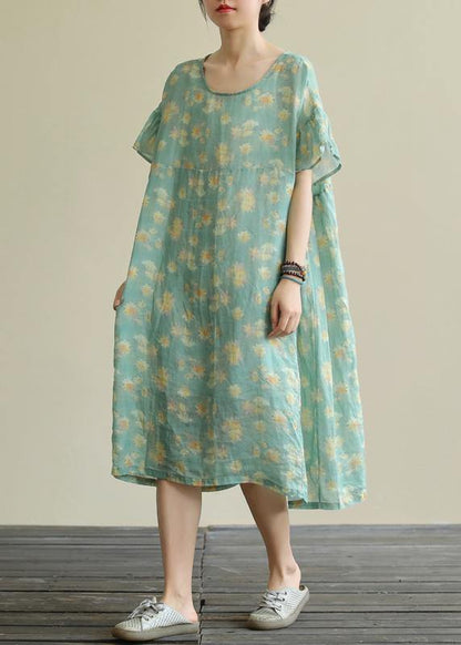 Green Print Linen Clothes O Neck Loose Summer Dresses